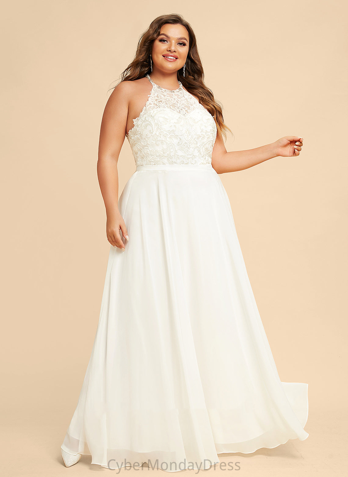 Dress Wedding Wedding Dresses A-Line Melina Neck Lace High Chiffon Floor-Length