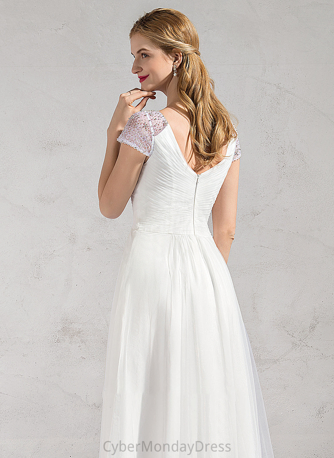 Wedding Dress Sequins Tulle V-neck Ruffle A-Line Asymmetrical Jenna Wedding Dresses With Beading