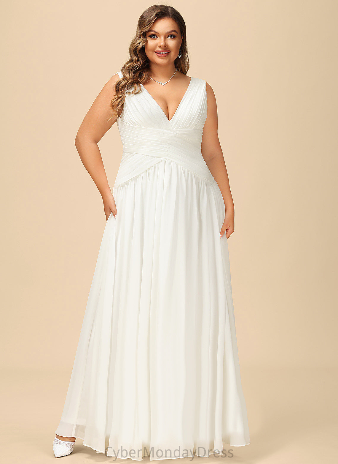 V-neck Eliza A-Line Wedding Dresses Pleated Wedding Floor-Length Chiffon Dress With