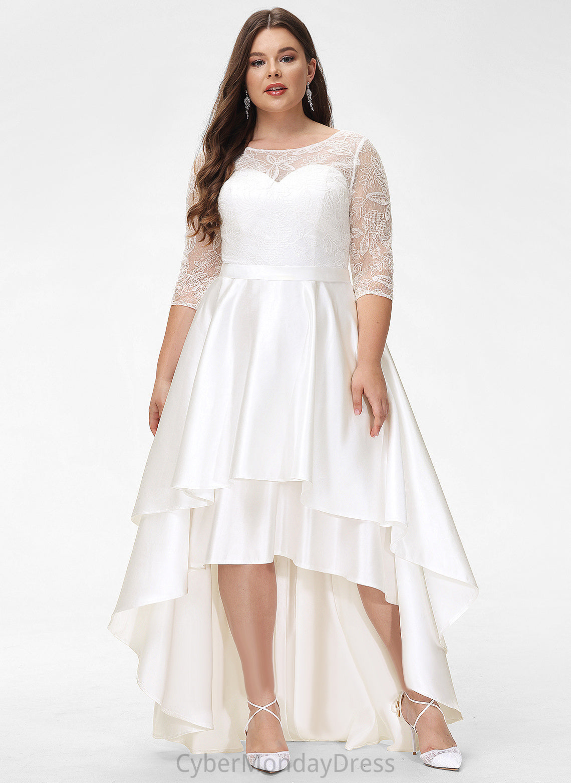 Wedding Asymmetrical Scoop Wedding Dresses Dominique A-Line Lace Satin Dress