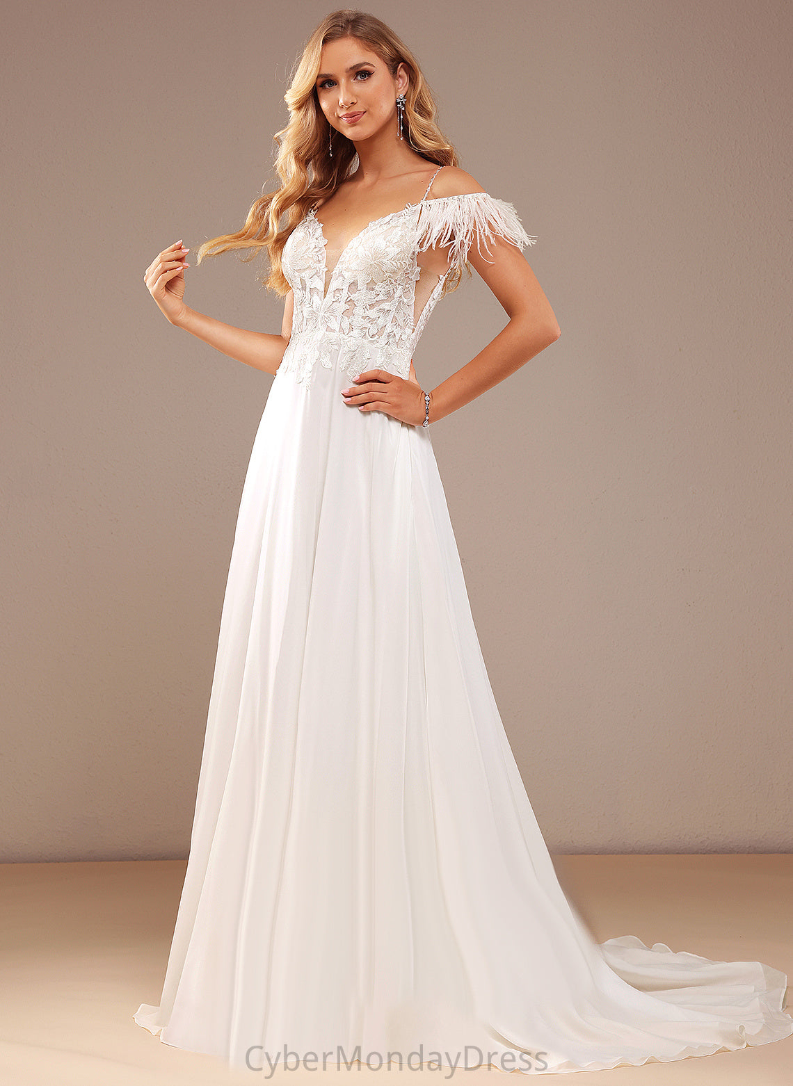 V-neck Court Train Feather Wedding Wedding Dresses Lace Journey A-Line Dress Beading With Pockets Sequins Chiffon Lace