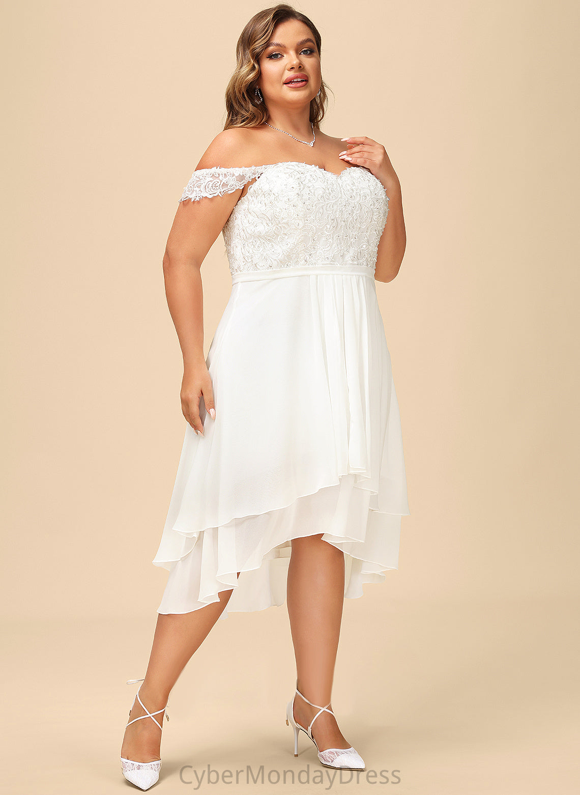 Lace Wedding Beading Jazlynn Sequins Dress Asymmetrical Off-the-Shoulder Chiffon A-Line With Wedding Dresses