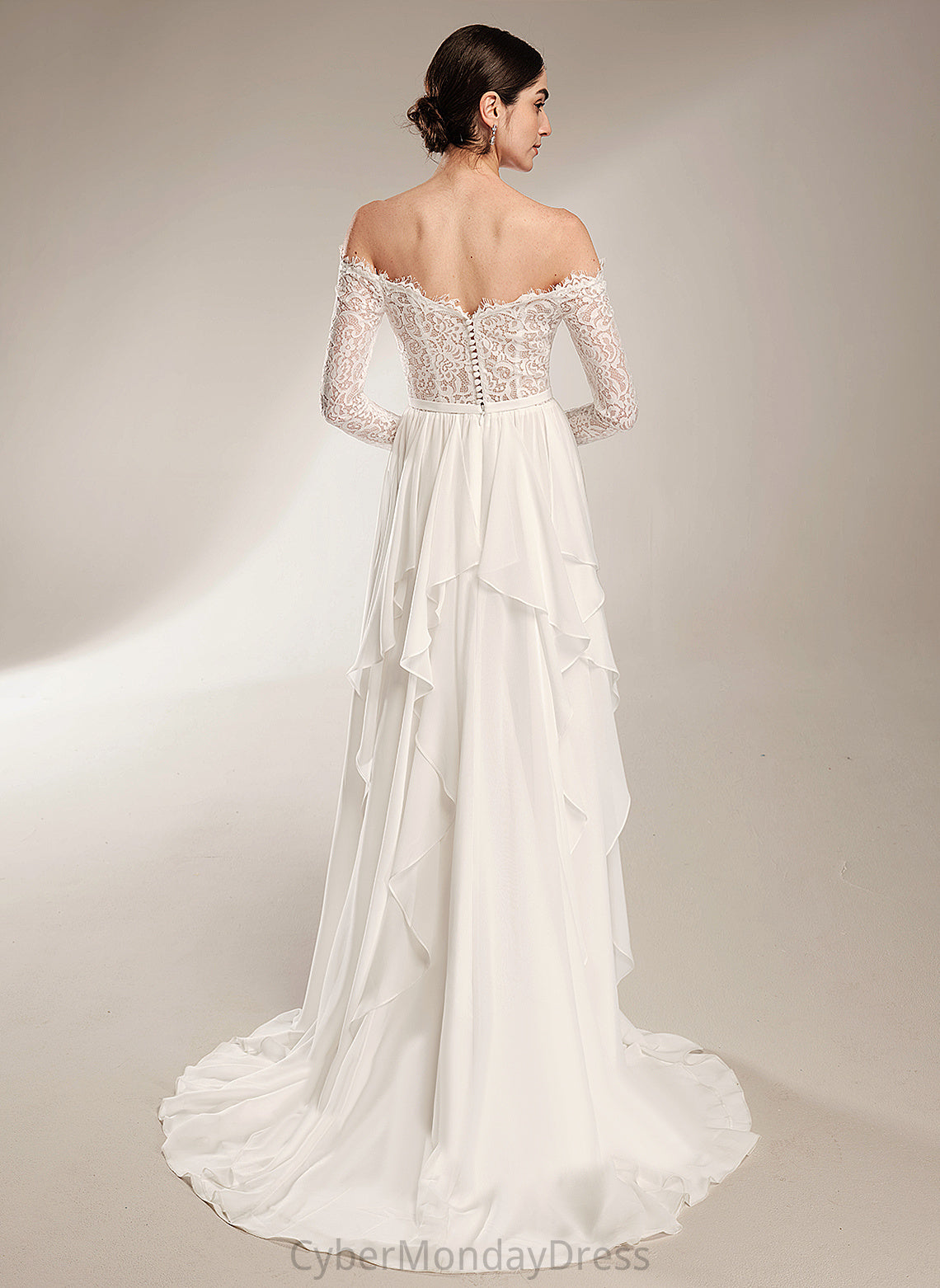 Carina Wedding Dresses Chiffon Dress A-Line Lace Wedding Train Court Ruffle With Off-the-Shoulder