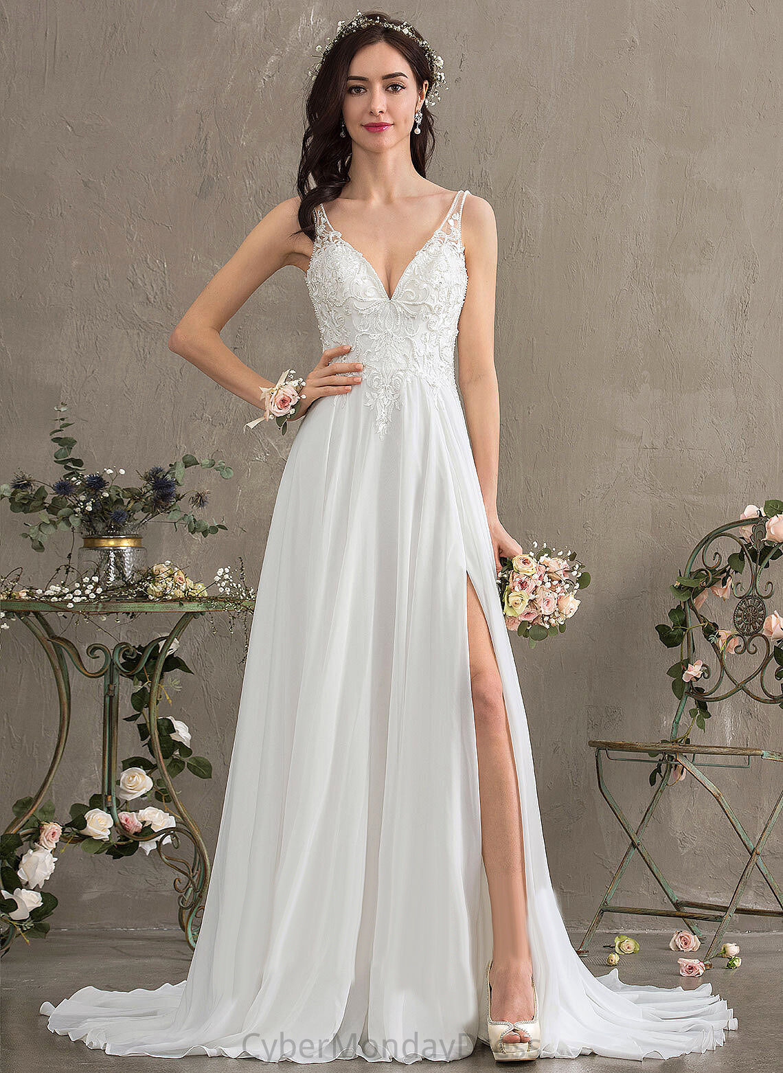 Train With Sequins Beading Lace Dress Front Wedding Wedding Dresses Dalia Chiffon Split Sweep A-Line V-neck