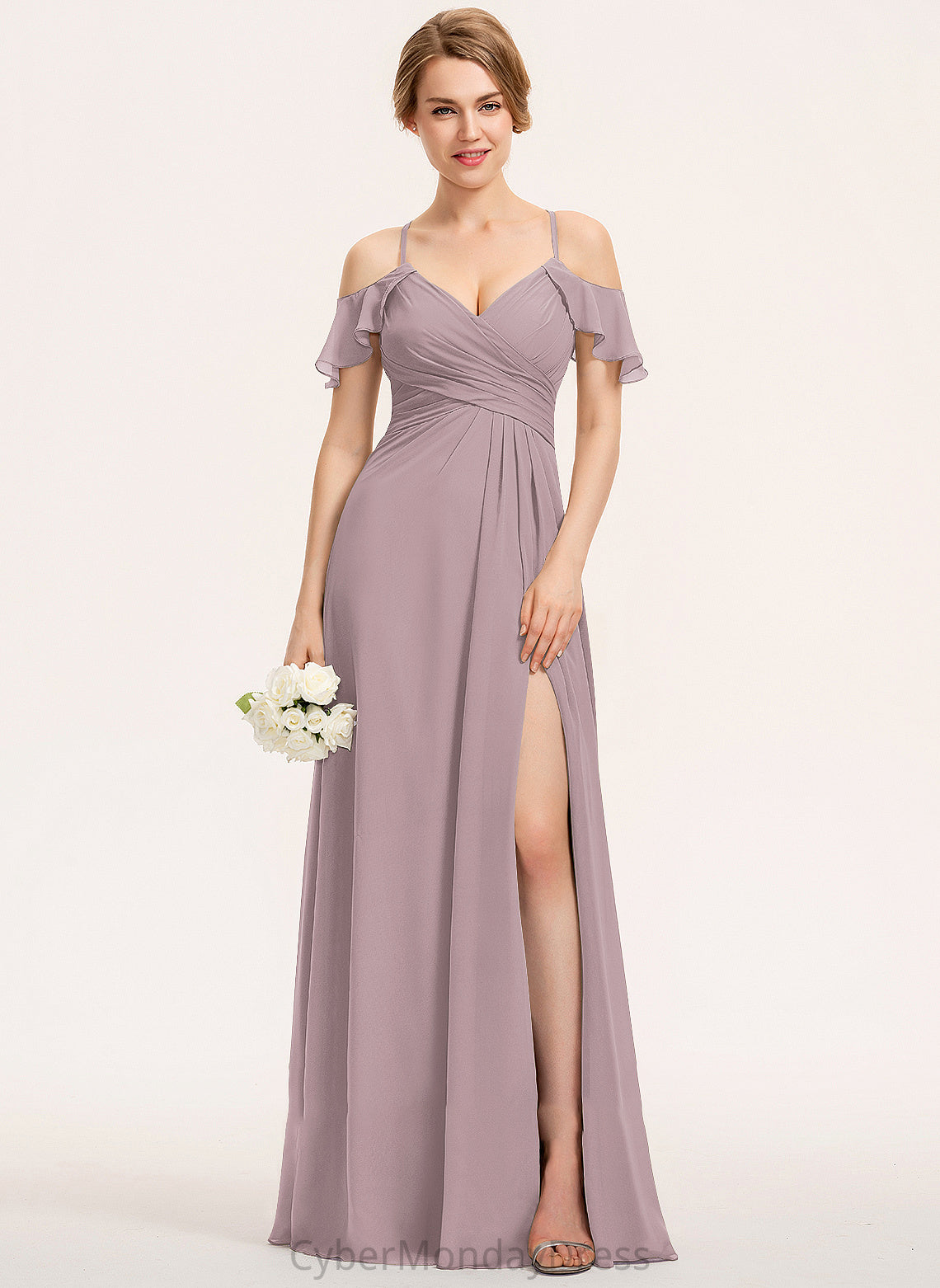 Embellishment Neckline Ruffle Floor-Length SplitFront CascadingRuffles V-neck Silhouette A-Line Fabric Length Susanna Bridesmaid Dresses