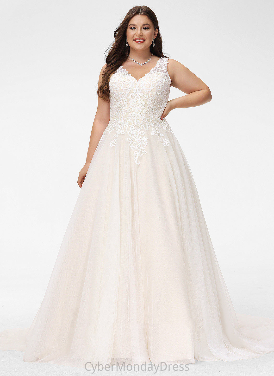 Wedding Blanche Tulle V-neck Wedding Dresses Lace Ball-Gown/Princess Court Train Dress