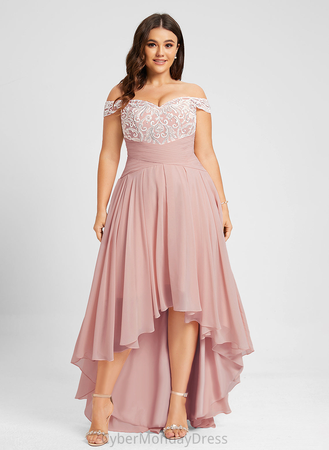 Dress Lace A-Line Asymmetrical Wedding Chiffon Pleated With Wedding Dresses Off-the-Shoulder Jazmin