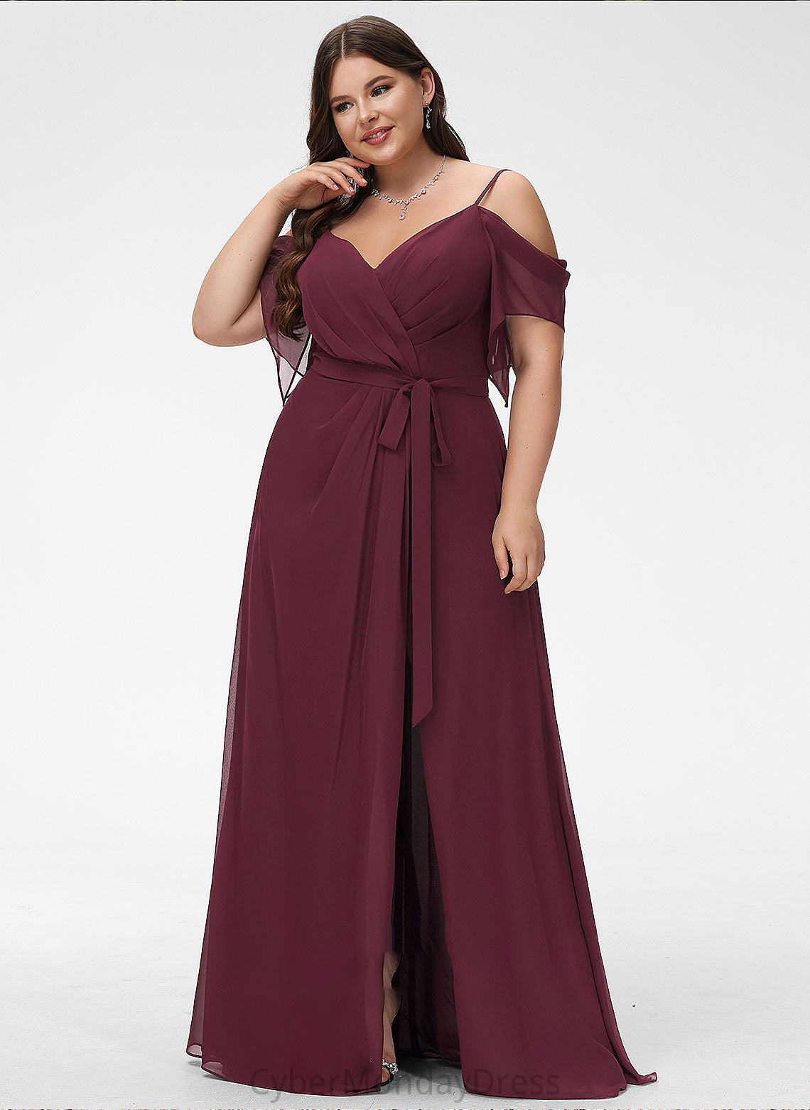 Neckline SplitFront Silhouette V-neck Ruffle A-Line Embellishment Fabric Floor-Length Length Anabelle Bridesmaid Dresses