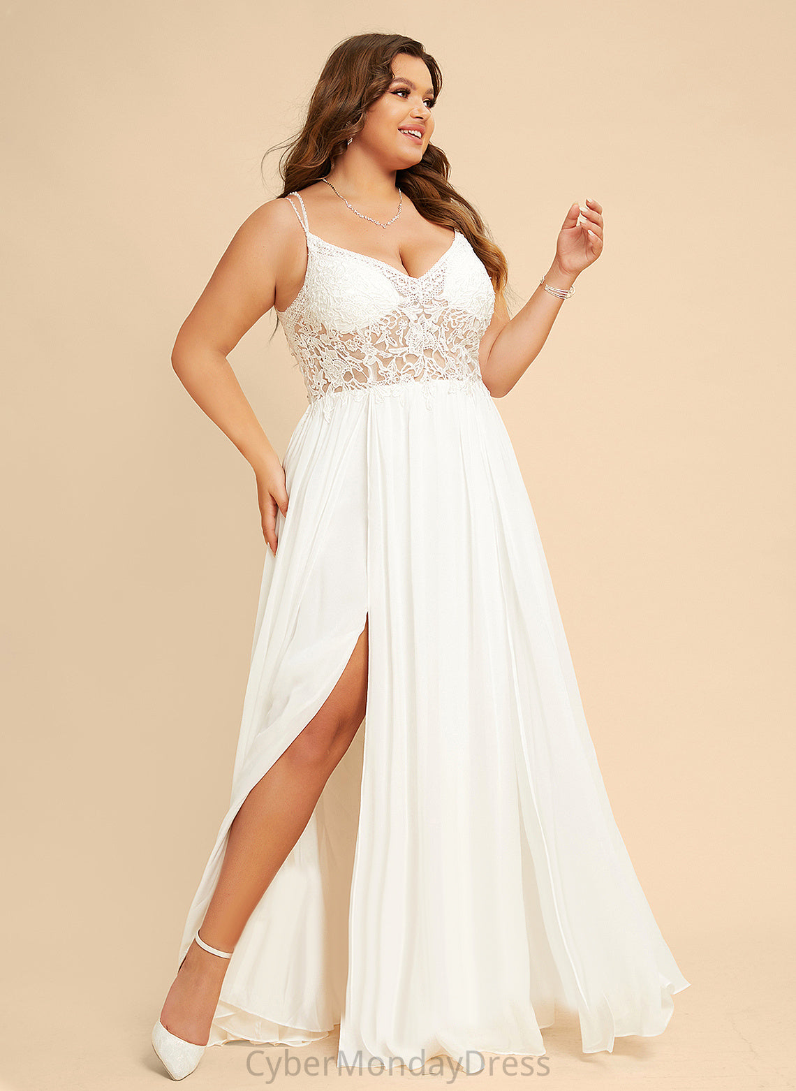 With A-Line Chiffon Lace Dress Wedding Wedding Dresses Anaya V-neck Beading Floor-Length