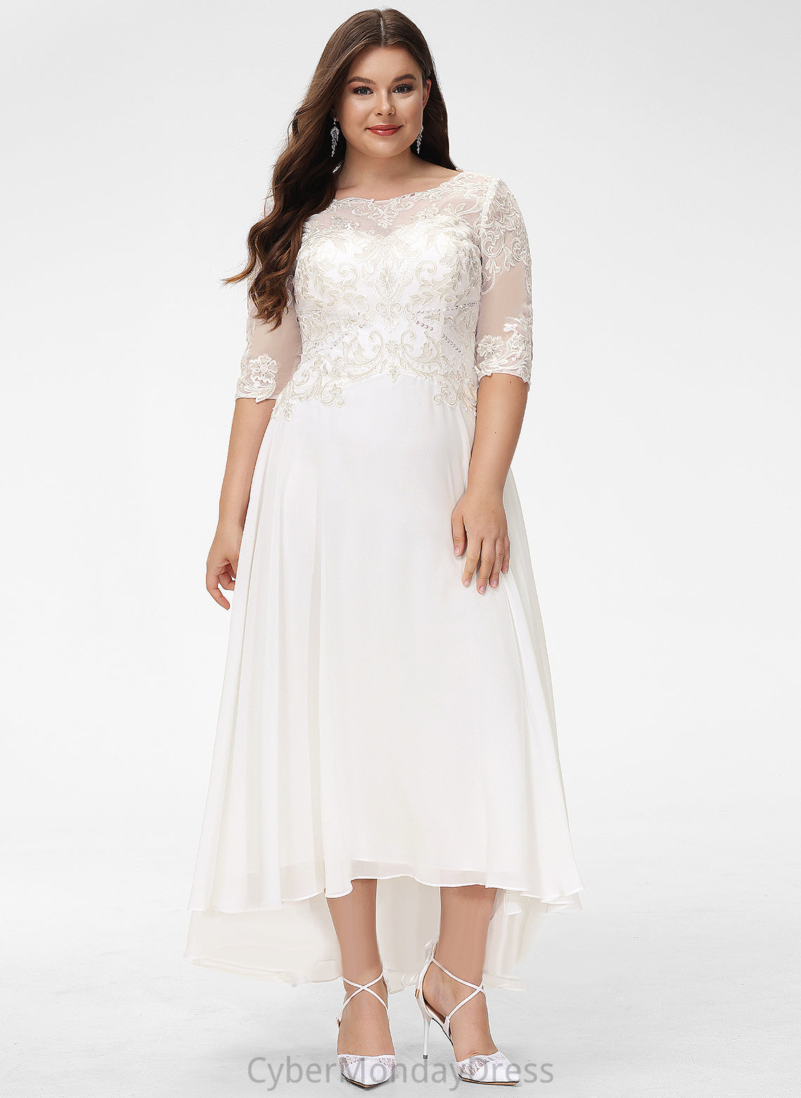 Lace Dress A-Line Beading Scoop Wedding Melina Sequins Neck Chiffon Wedding Dresses Asymmetrical With