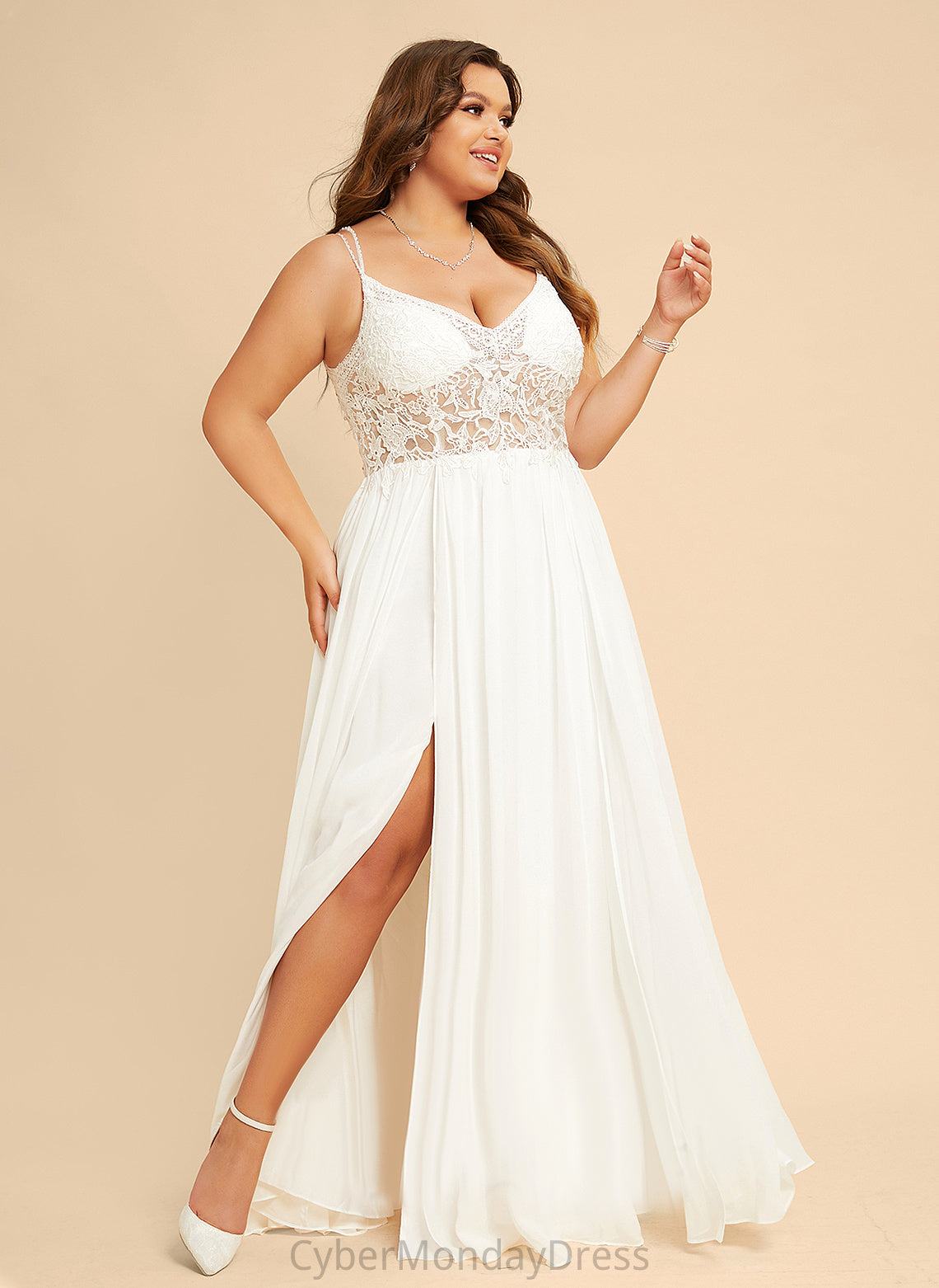 Abigayle Floor-Length Front Wedding Wedding Dresses With V-neck Split Dress A-Line Beading Lace Chiffon