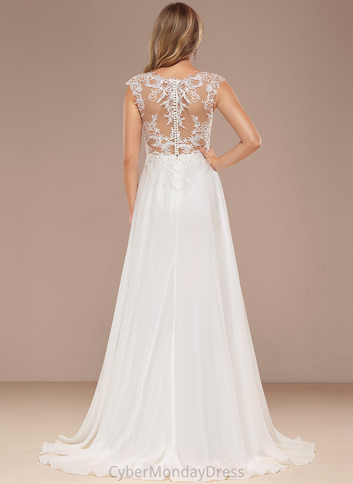 Paula Wedding Wedding Dresses A-Line Lace Chiffon Dress Train Sweep V-neck