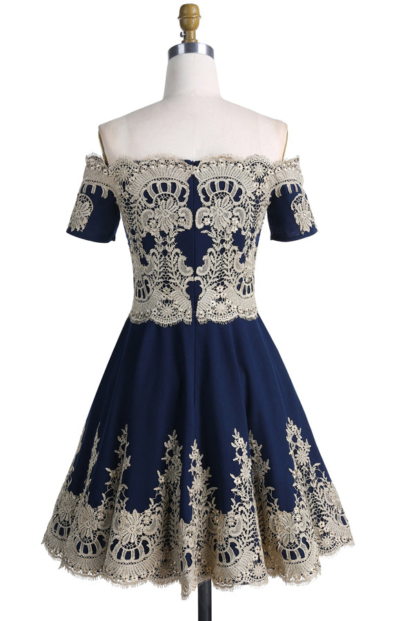 Dark Blue Off Shoulder Short Sleeve Appliques Homecoming Dresses