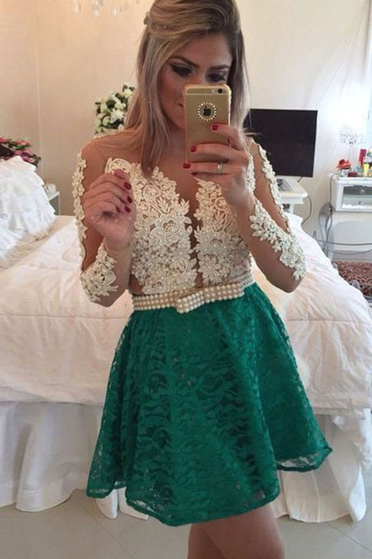 Sexy Deep V Neck Sheer Tulle Long Sleeve Short Homecoming Dresses