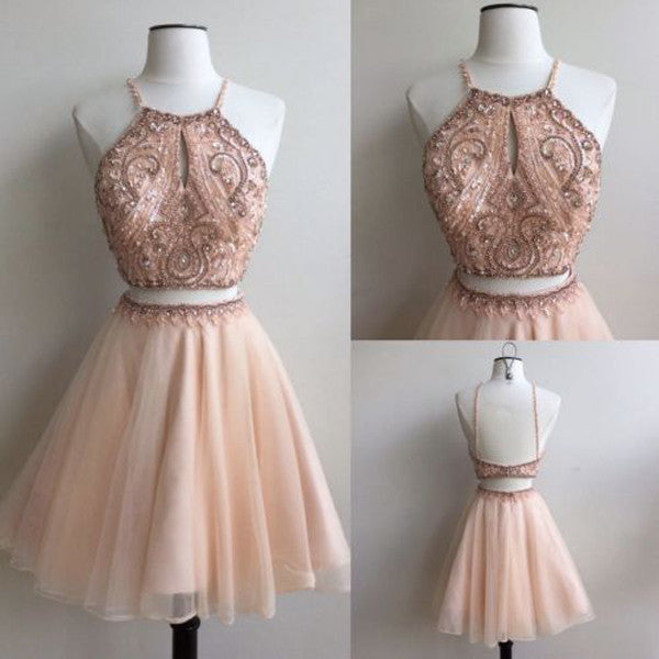 Two Piece A Line Tulle Appliqued Beaded Short Homecoming Dresses