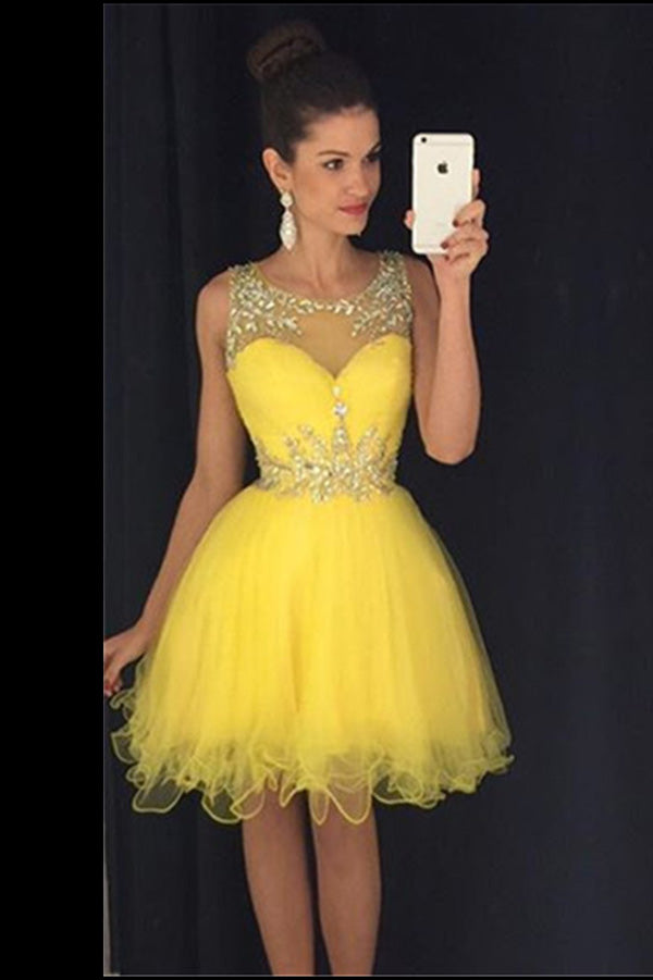 Yellow Sheer Sleeveless Tulle Beading Homecoming Dresses