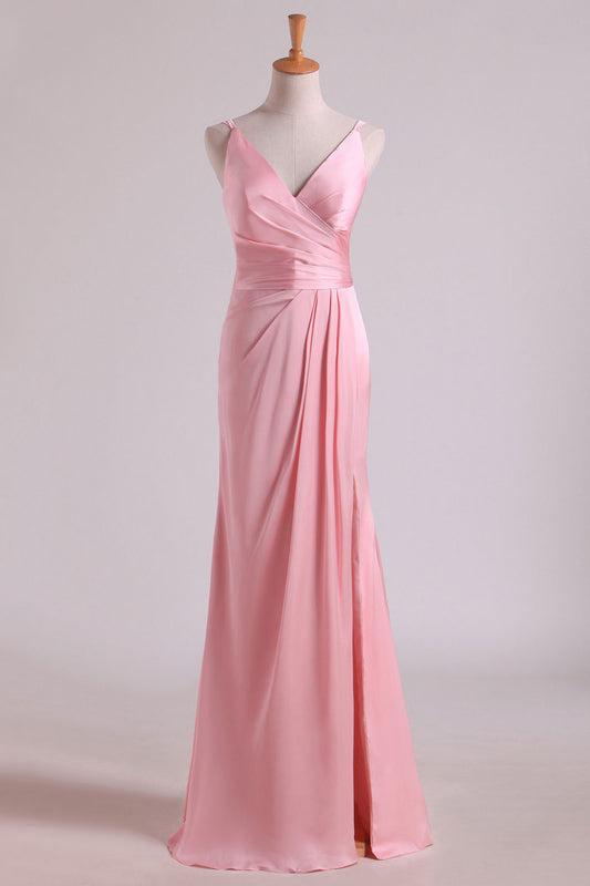 2024 Bridesmaid Dresses V Neck A Line Chiffon With Slit And Ruffles