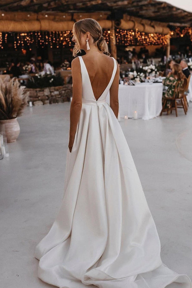 Fashion A Line V Neck Satin Wedding Dresses with Slit