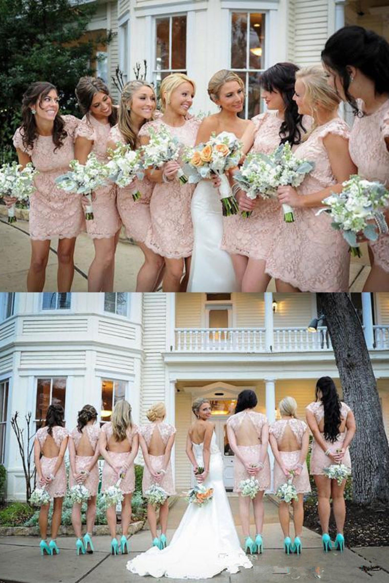 2024 Sexy Open Back Scoop Bridesmaid Dresses Sheath Lace Short/Mini