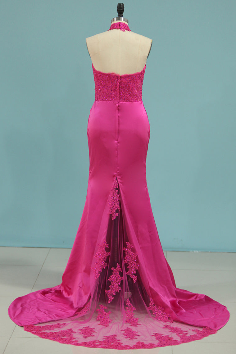 2024 Bridesmaid Dresses Halter Mermaid Satin With Applique Sweep Train