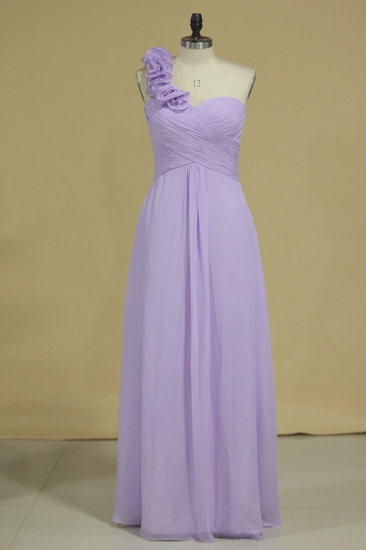 2024 Bridesmaid Dress A Line One Shoulder Chiffon With Handmade Flowers