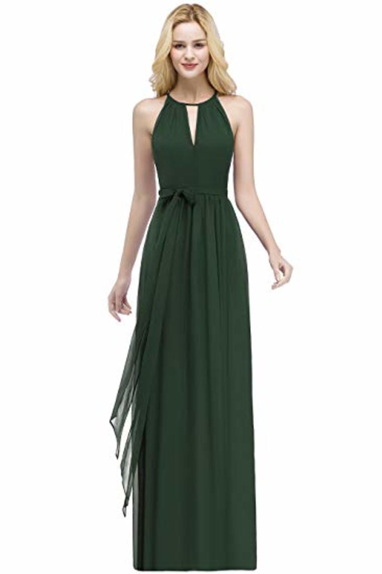 Bow Knot Chiffon Round Neck A Line Sleeveless Wedding Bridesmaid Long Evening Festive Party Dress