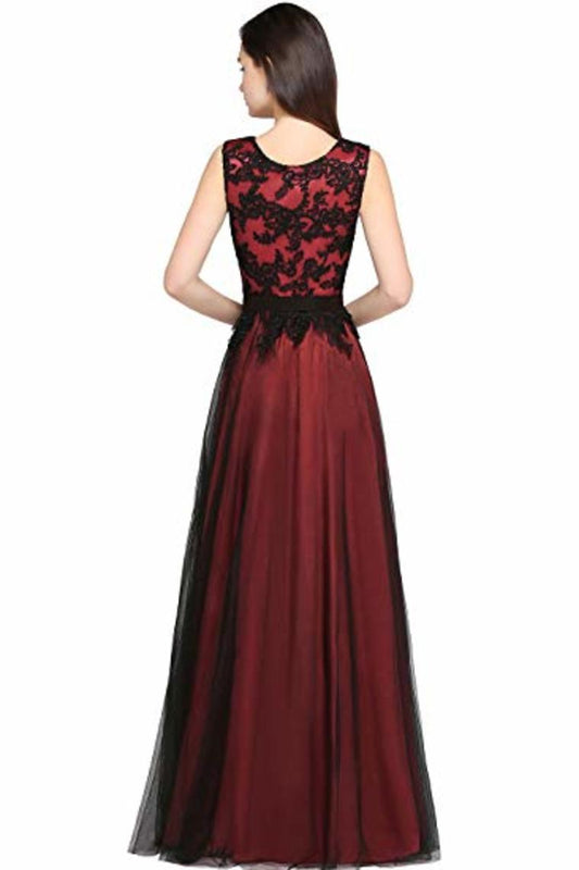 Lace Tulle Round Neck A Line Sleeveless Wedding Bridesmaid Long Evening Festive Party Dress