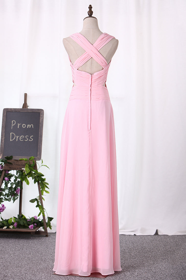 2024 Chiffon Bridesmaid Dresses A Line V Neck Ruched Bodice Floor Length