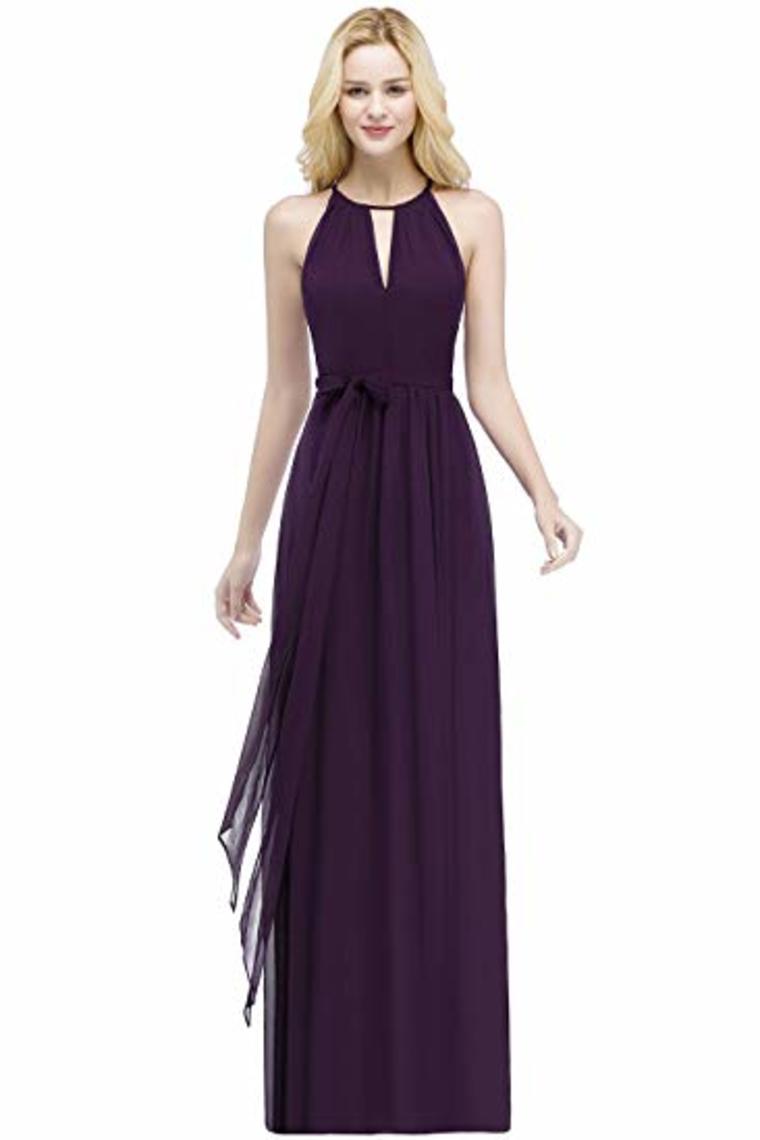 Bow Knot Chiffon Round Neck A Line Sleeveless Wedding Bridesmaid Long Evening Festive Party Dress