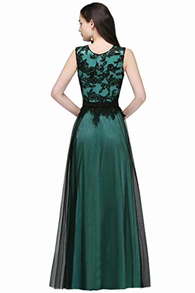 Lace Tulle Round Neck A Line Sleeveless Wedding Bridesmaid Long Evening Festive Party Dress