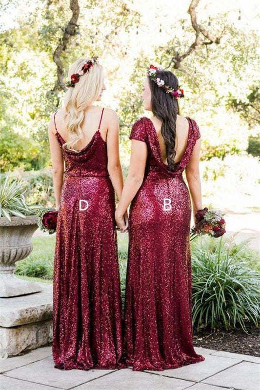 Sparkly Long Burgudny Sequin Shiny Wedding Party Dresses Bridesmaid Dresses