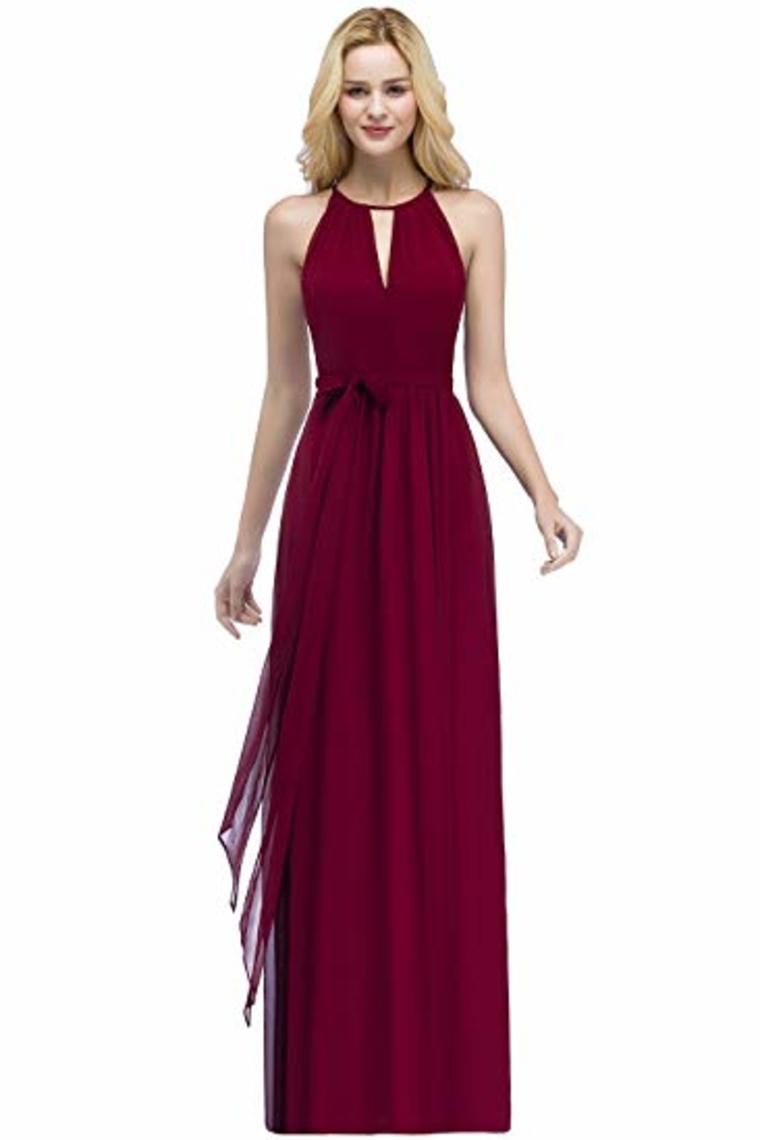 Bow Knot Chiffon Round Neck A Line Sleeveless Wedding Bridesmaid Long Evening Festive Party Dress