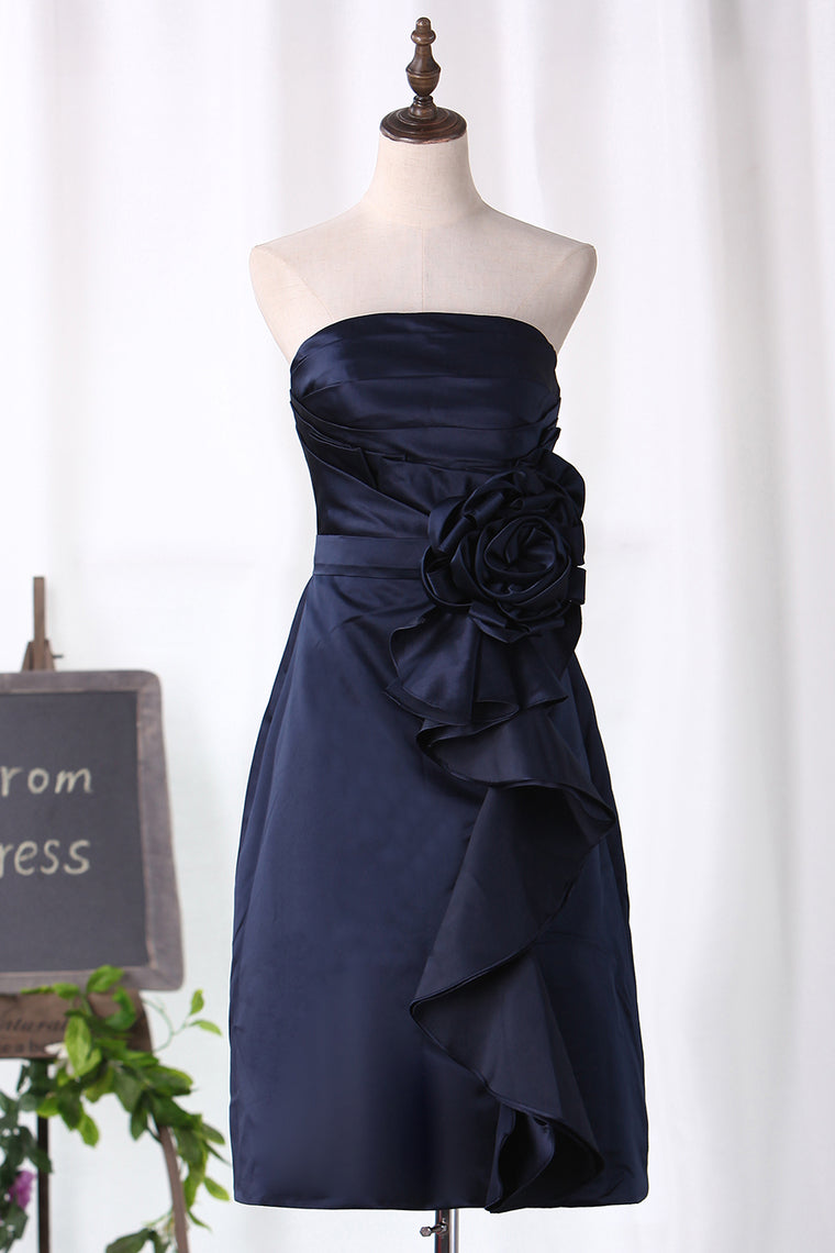 2024 A Line Bridesmaid Dresses Strapless Knee Length Satin With Ruffles