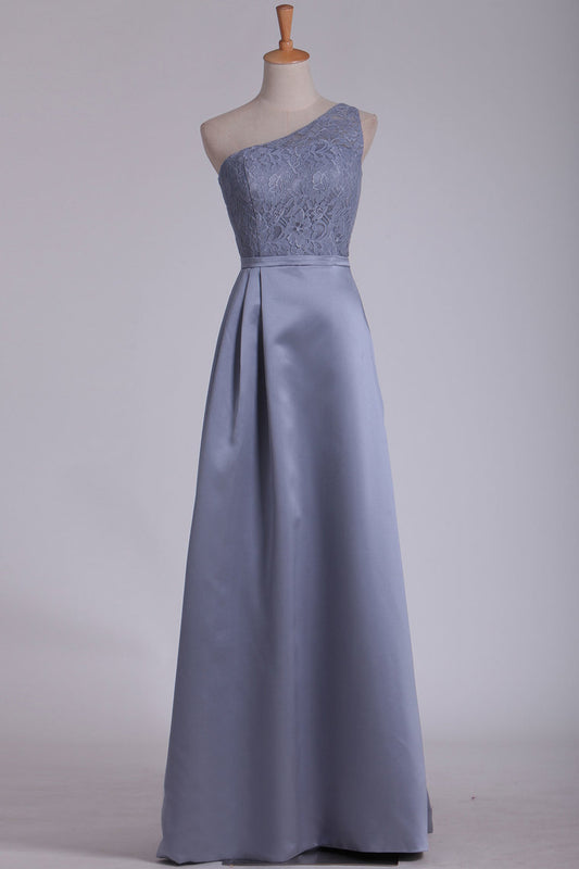 2024 Chiffon One Shoulder Satin & Lace Bridesmaid Dresses Floor Length