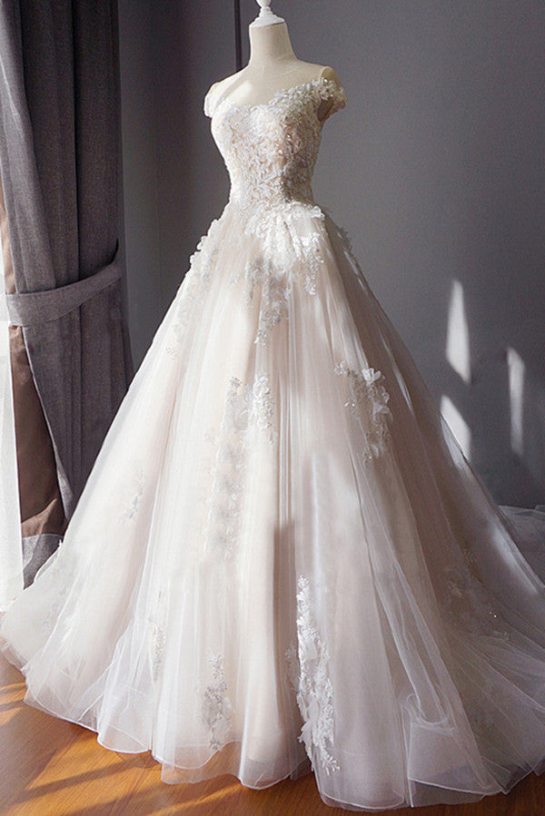 Ball Gown Off Shoulder Sleeveless Sweetheart Appliques Beading Tulle Wedding Dresses