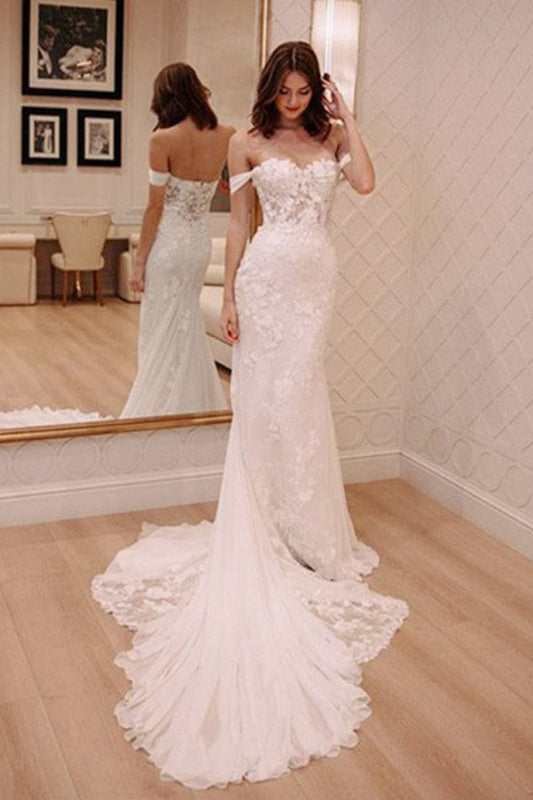 Off Shoulder Sweetheart Court Train Lace Mermaid Wedding Dresses