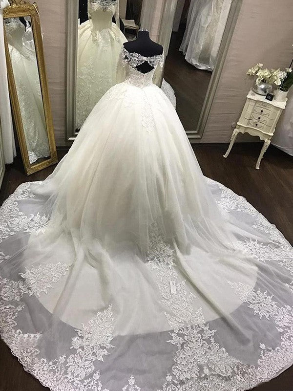 Off Shoulder Long Sleeves Open Back Lace Wedding Dresses with Chapel Train