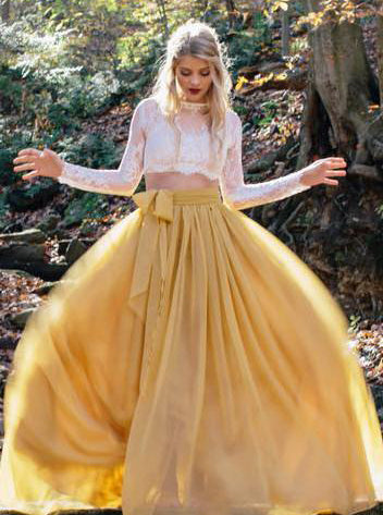 Yellow Two Pieces Long Sleeve Rustic Country See Through Wedding Dresses