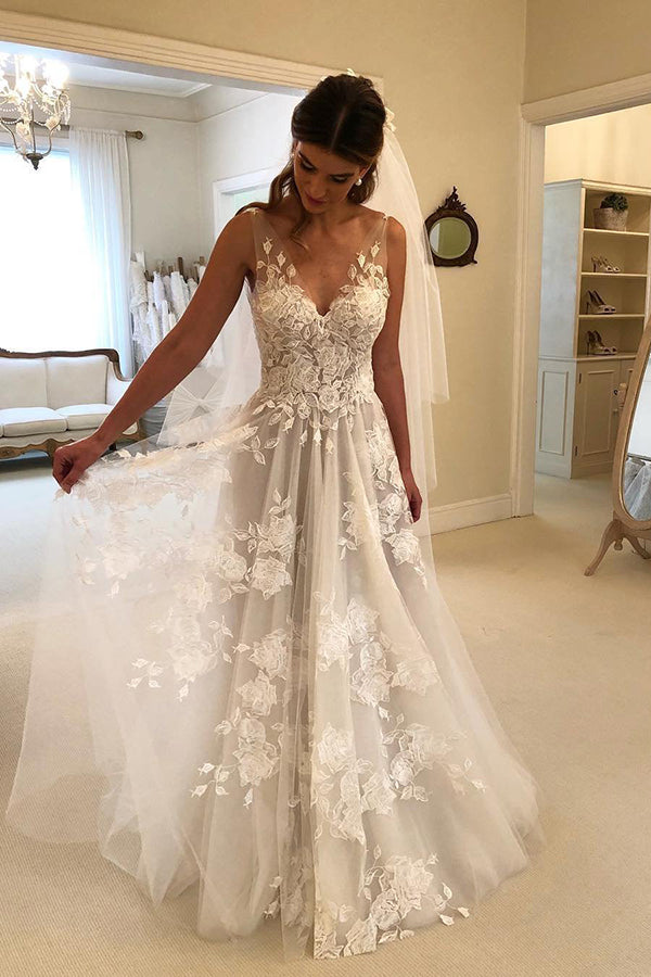 Elegant Lace V Neck Backless With Applique Wedding Dresses