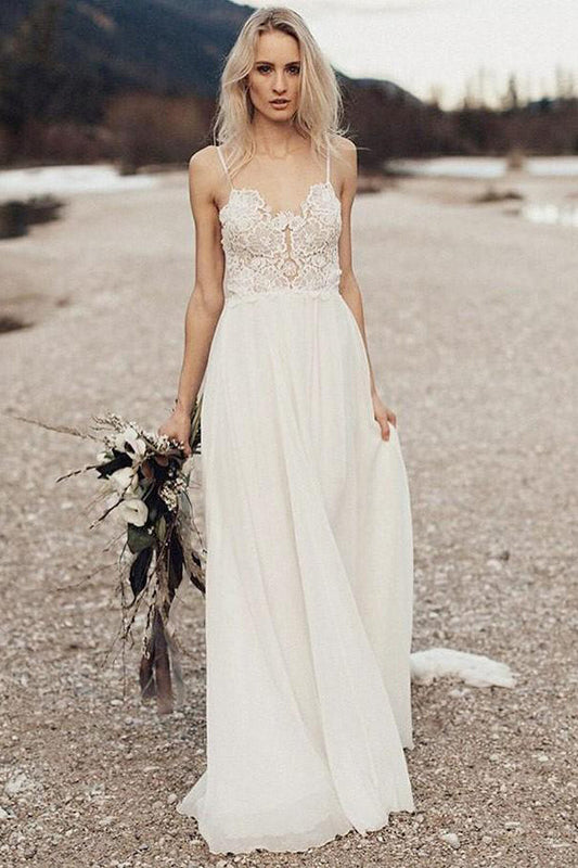 Lace Spaghetti Strap Chiffon Backless Beach Wedding Dresses