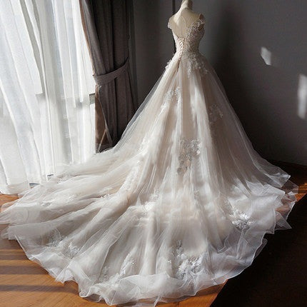 Ball Gown Off Shoulder Sleeveless Sweetheart Appliques Beading Tulle Wedding Dresses