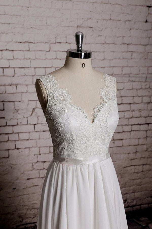 Chic A-line Lace Chiffon V-Neck Backless Sheath Long Wedding Dresses